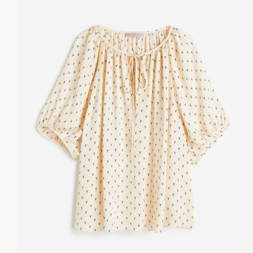 Nwt H&M Oversized Tie-Top Blouse Cream /Patterned  Sz XL